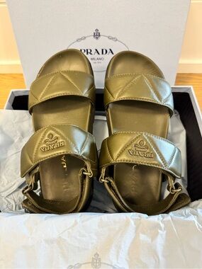 Prada Quilted Olive Green Leather Slide Sandals